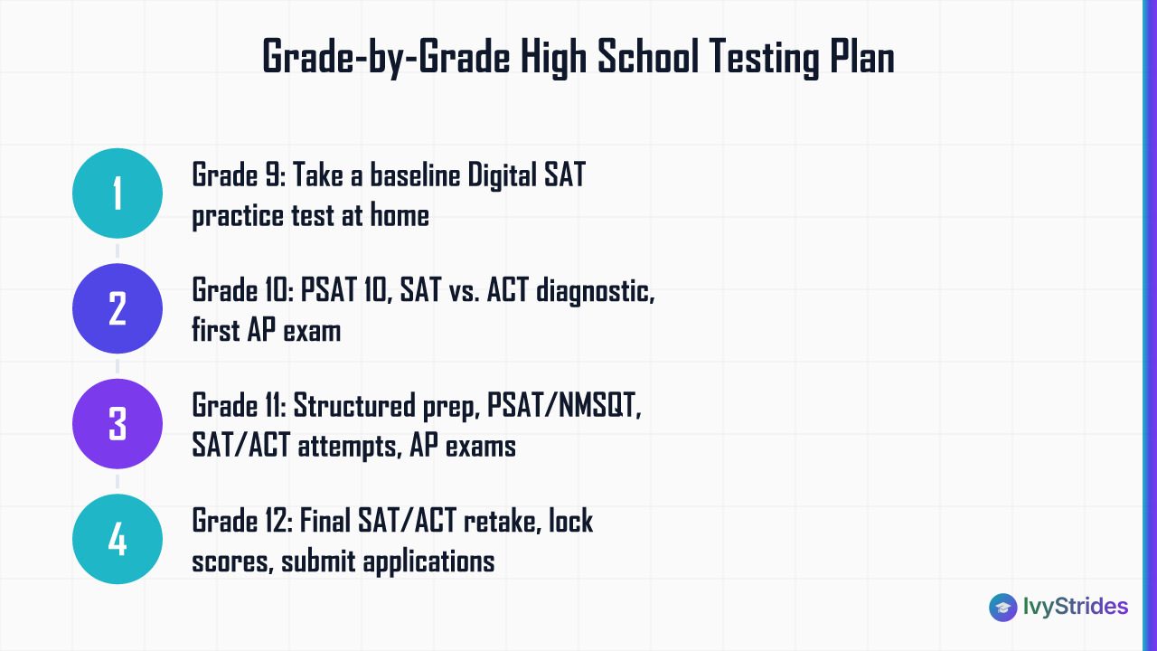 4-step grade-by-grade high school testing calendar from 9th grade baseline SAT to 12th grade application submission