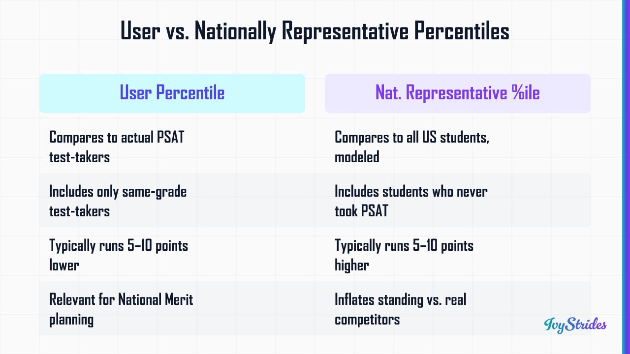 Comparison table showing differences between PSAT User percentiles and Nationally Representative Sample percentiles on score
